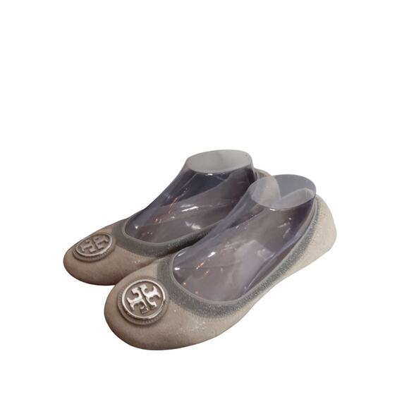 Tory Burch Caroline Metallic Gray Sparkle Flats leather/suede 9M - Picture 1 of 9